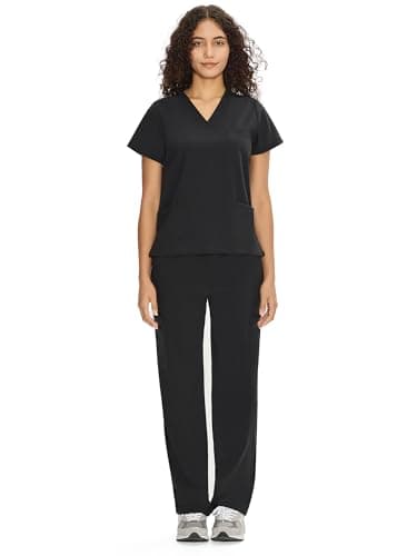Scrubs for Women Set Medical Uniform - V-Neck Top & Straight Leg Pants with 9 Pockets, Wrinkle-Resistant Unisex Workwear, Black, M — view 8