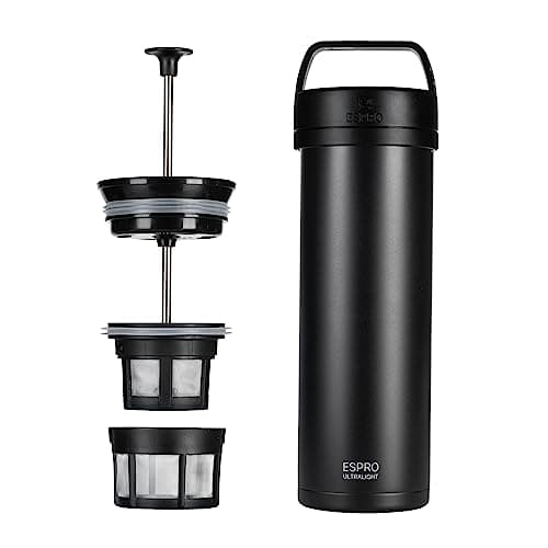 ESPRO Go P0 Ultralight French Press Coffee Maker for Travel, Vacuum Insulated Stainless Steel, 16 Ounces, Matte Meteorite Black