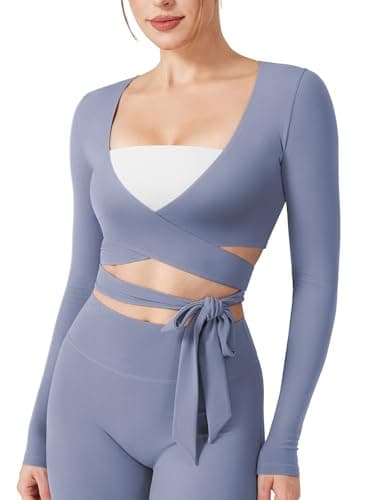 YEOREO Dagney Women‘s Long Sleeve Workout Wrap Top Self Tie V-Neck Dance Shirt for Pilates Yoga Ballet Active Blouses, Granite Blue, Small