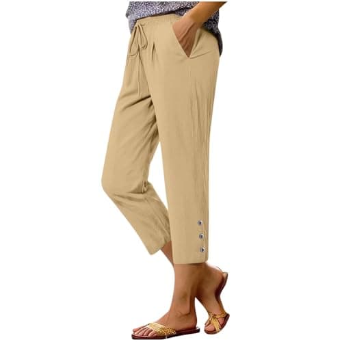 Summer Cotton Linen Capri Pants for Women High Waist Drawstring Straight Leg Capris Casual Beach Cropped Lounge Pant Khaki