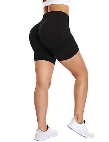 YEOREO Women High Waist Workout Yoga Gym Smile Contour Seamless Cycling Shorts, Black Solid, X-Small — view 3