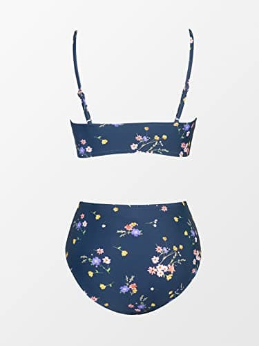 CUPSHE Women's Bikini Set Crossover Bustier High Waist Bikini Swimwear Elegant Two Piece Swimsuit, Navy/Flowers, Medium — view 4