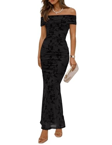 ZESICA Women's Summer Off Shoulder Floral Bodycon Maxi Dress 2026 Ruched Elegant Formal Cocktail Wedding Guest Long Dresses, Black, S