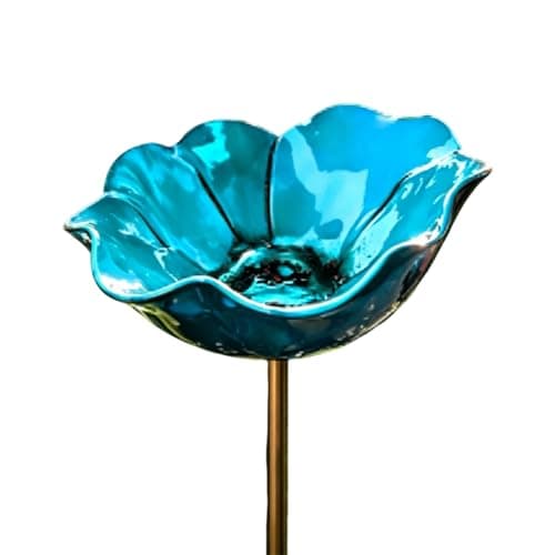 Handmade Metal Flower Garden Stake with Bee Bath & Bird Water Bowl – Decorative Outdoor Yard Art, Watering Station, Weather-Resistant Garden Decor (Blue,1Pcs)