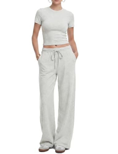Flevita Womens Two Pcs Lounge Sets Short Sleeve Slim T-shirt and High Waisted Wide Leg Pants with Pockets Soft Pajama Set 29" Inseam Pants Grey M