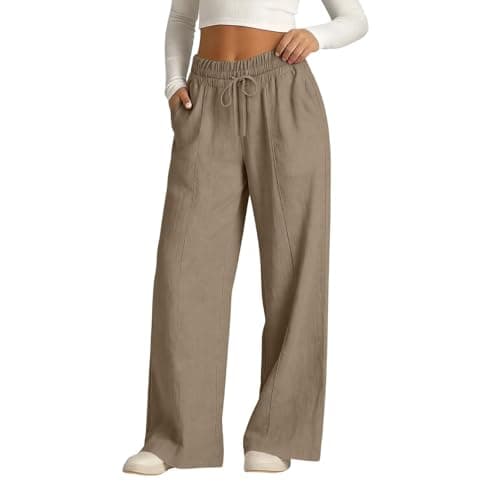 Rseomihvy Women's Cotton Linen Pants Summer Straight Wide Leg Trousers Drawstring Elastic Waist Loose Beach Vacation Outfits Khaki