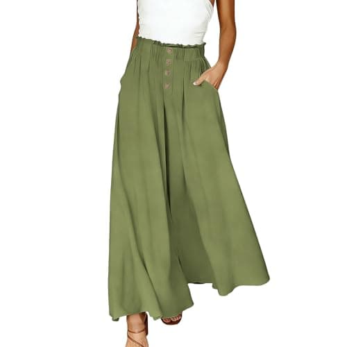 Palazzo Pants Women Summer Elastic High Waisted Wide Leg Flowy Pants for Beach Vacation Comfy Trousers with Pockets Green