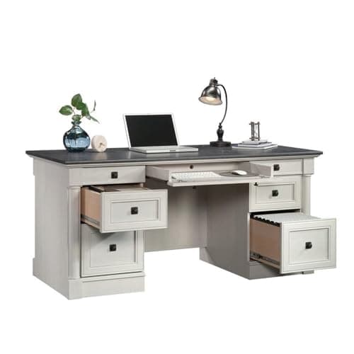 Sauder Palladia Office Desk with Drawers, Executive Desk with File Cabinet Storage, Cable Management, Keyboard Tray, in Glacier Oak Finish — view 4