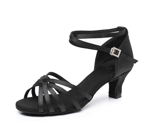 Rosefinch Latin Dance Shoes for Womens Satin Ballroom Salsa Practice Performance Wedding Dancing Shoes High Heels Dancing Shoes for Girls Ladies 5cm Black 39