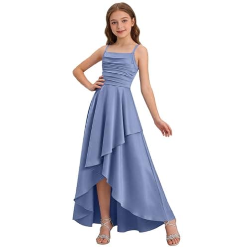 Junior Bridesmaid Long Dresses Teen Girls a Line Dress Chiffon Formal Ruffles Skirt Skater School Recital Dress Blue — view 3