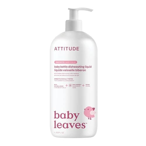 ATTITUDE Baby Bottle & Dish Soap, EWG Verified Bottle Cleaner, Fragrance Free & Dye Free, Removes Milk Residue & Grease, Vegan, Unscented, 1 Liter