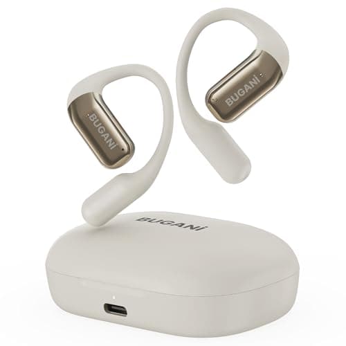 BUGANI Open Ear Headphones, Bluetooth 5.2 Open Ear Earbuds with Microphone, ENC Clear Talk, Immersive Stereo Sound, Fast Charging, 32H Playtime, Waterproof, White