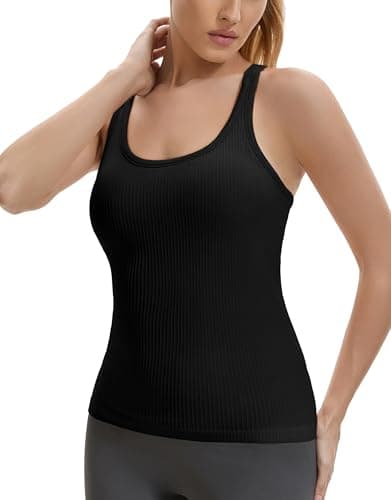 Gxpok Workout Tank Tops for Women with Built in Bra, Ribbed Athletic Gym Shirts Racerback Yoga Workout Tops Black