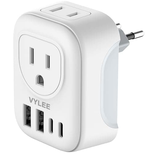 VYLEE Travel Plug Adapter, International Plug Adapter with 4 AC Outlets 2 USB Ports (2 USB C Port), Type C Power Adaptor Charger for the US to Most of Europe Iceland Spain Italy France Germany