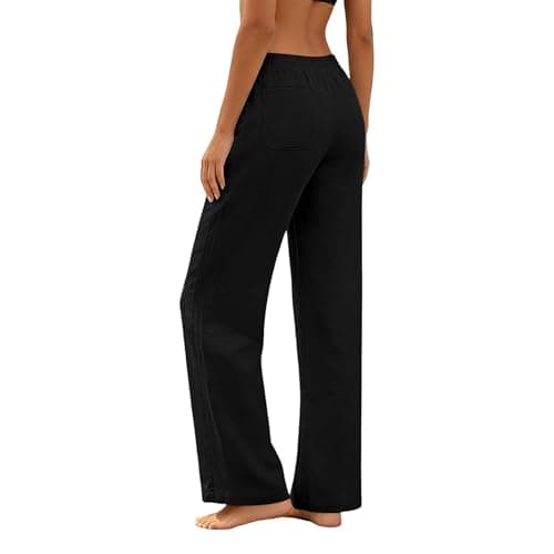 Linen Pants for Women Summer Straight Leg Loose Casual Pants Lightweight Comfy Drawstring Trousers with Pockets Black — view 2