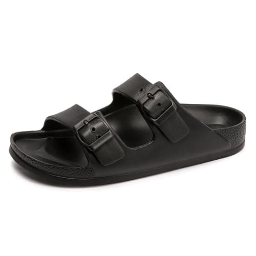 FUNKYMONKEY Women's Comfort Slides with Arch Support, Non-Slip Lightweight Foam Slip-on Flat Beach Sandals with Adjustable Buckle for Vacation & Everyday Wear(8 M US-Women, Black)