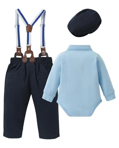 SOLOYEE Baby Boy Clothes Suits 6-9 Months Baby Boys Formal Wedding Outfits Long Sleeve Dress Shirt + Suspender Pants + Bowtie + Beret Gentleman Clothing Set (Blue, 6-9 Months) — view 6