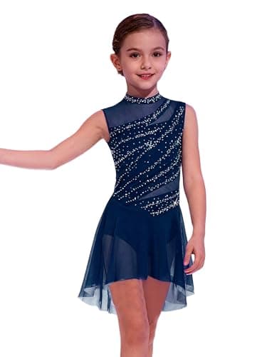 easyforever Kids Girls Shiny Rhinestone Ballet Lyrical Dance Dress Figure Ice Skating Dress Contemporary Dancewear Navy Blue 8 Years — view 3