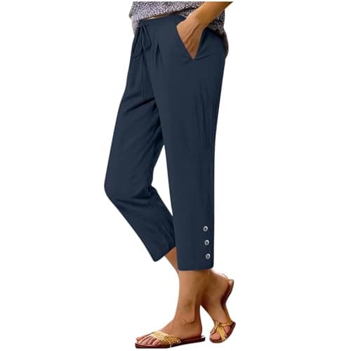 Summer Cotton Linen Capri Pants for Women High Waist Drawstring Straight Leg Capris Casual Beach Cropped Lounge Pant Navy