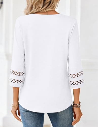 isermeo Womens 3/4 Length Eyelet Sleeve Tops V Neck Business Casual Blouses Summer Tees Shirts 2026 White M — view 2