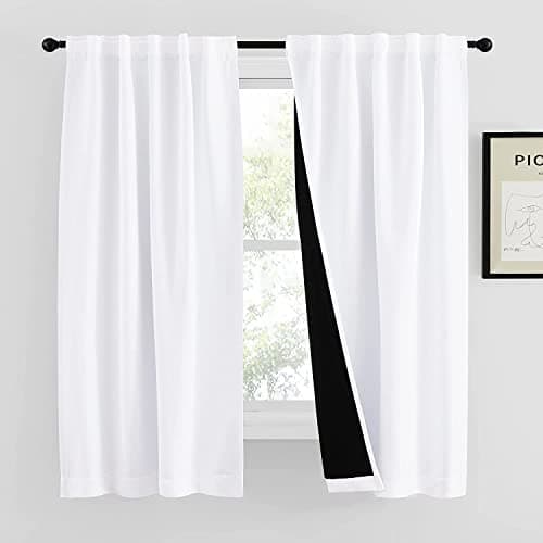 NICETOWN 100% Blackout Window Curtain Panels 48 inches Long, Heat and Full Light Blocking Drapes with Black Liner, Thermal Insulated Draperies for Cafe (White, 2 Pieces, 42 inches Wide Each Panel)