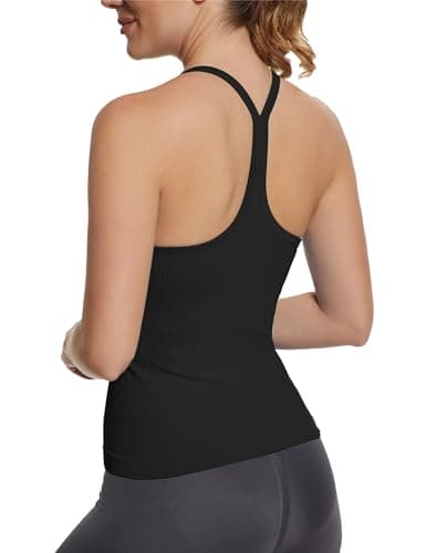 MathCat Seamless Workout Tank Tops with Built in Bra，Racerback Athletic Tank Tops Ribbed Soft Yoga Shirts Black
