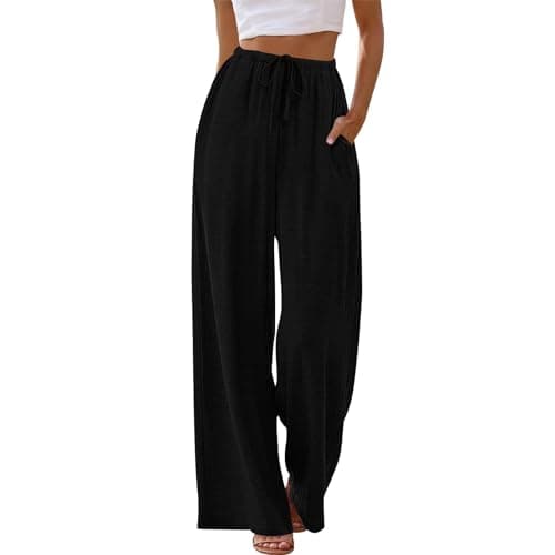 Linen Pants Women Wide Leg Pants Summer Fashion Clothing Palazzo Dress Pantalon Femme Business Casual Clothes Vacation Outfits Work Flowy Lounge Trousers Baggy Loose High Waisted Beach Black — view 4