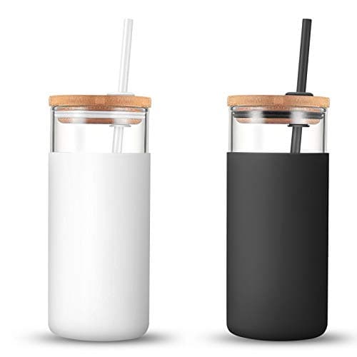 Tronco 20 oz Glass Tumbler with Lid and Straw, Iced Coffee Cup and Smoothie Cup with Bamboo Lids & Protective Silicone Sleeve, Dishwasher Safe, BPA-Free, Glass Cup 2 Pack