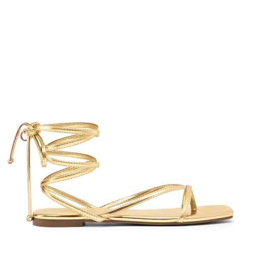 DREAM PAIRS Women's Strappy Flat Sandals - Comfortable Lace Up Gladiator Dressy Sandals, Square Toe Tie Up Walking Sandal, Summer Wrap Up Vocation Sandal Mermaid Shoes,Size 9,Gold,SDFS26010W — view 3