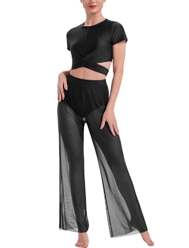 ODASDO Lyrical Dance Costume Women Modern Contemporary Two Piece Outfit Short Sleeve Crop Tops with Mesh Wide Leg Pants Set, Black, X-Small