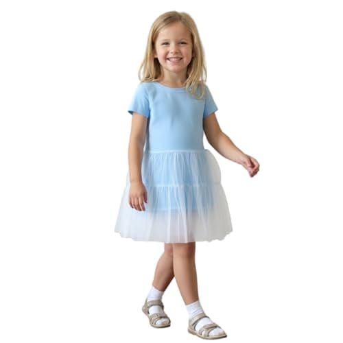 Winzik Girls Dress, Toddler Summer Short Sleeve Cotton Casual Blue Dresses Clothes 18M-7Y(5-6 Years, Solid Blue Mesh)