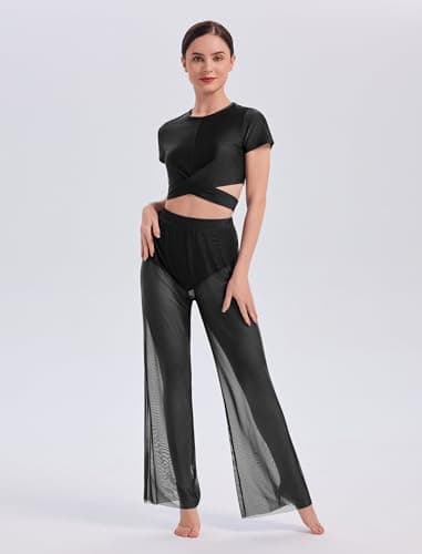 ODASDO Lyrical Dance Costume Women Modern Contemporary Two Piece Outfit Short Sleeve Crop Tops with Mesh Wide Leg Pants Set, Black, X-Small — view 2