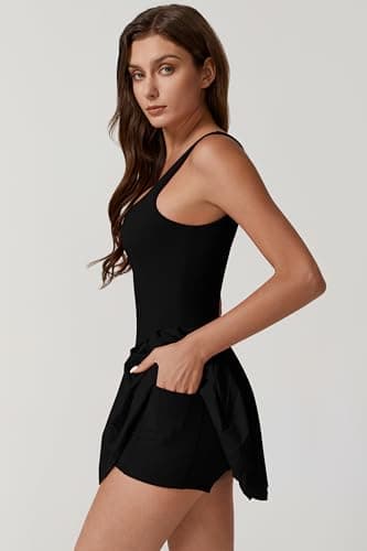 QINSEN Pleated Workout Dress with Built in Shorts Square Neck Sleeveless No Bra Summer Athletic Dress Black L — view 3