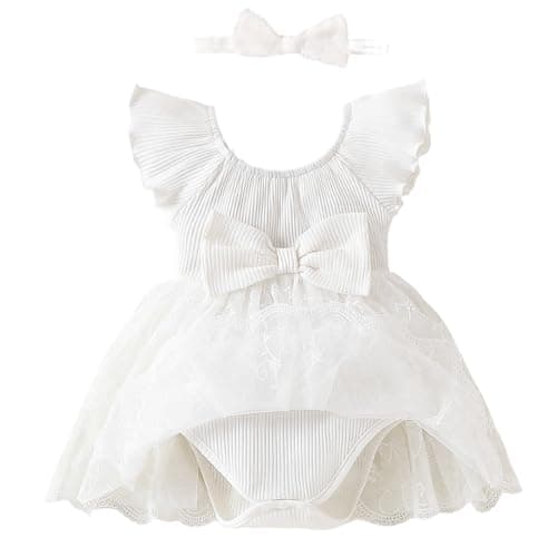 TENTIDE Baby Girl Romper Dress Ribbed Newborn Lace Boho Tutu Dresses Headband Baptism Photography Wedding Summer Outfit 0-24M(6-12 Months,White)