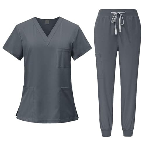 YIJU Female Scrub Set Nurse Workwear V Neckline Professional Machine Washable Top and Joggers Pant Work Clothing for Beauty Center, Gray, M