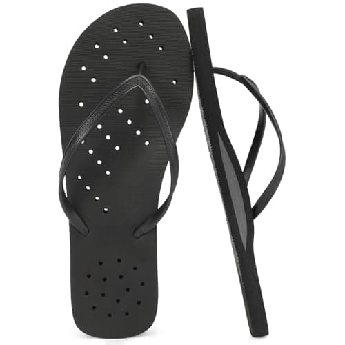 STQ Shower Shoes Mens Quick Dry Arch Support Flip Flops Non Slip Beach Pool College Dorm Bathroom Thong Sandals with Drain Holes Black, Size 10