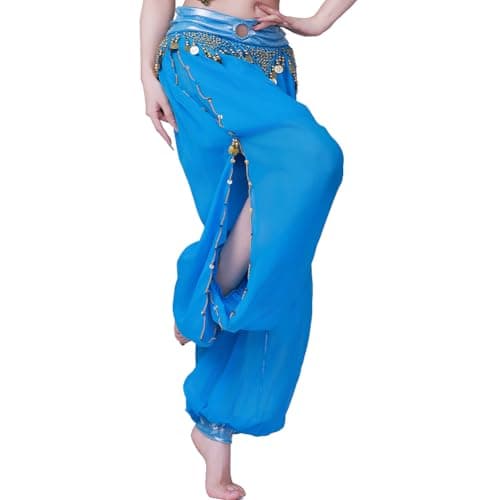 Women Belly Dance Carnival Costume Pants Sequin Shiny Harem Yoga Pants Bloomers Arabic Halloween Trousers for Halloween, Turquoise, One Size