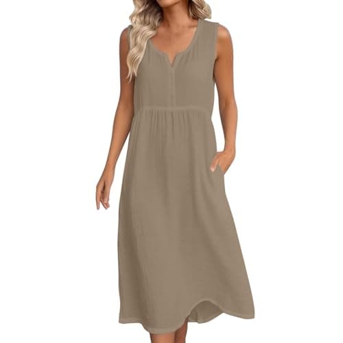 Frostluinai Tshirt Dresses Women Trendy 2026 Summer Dresses for Women Over 60 Womens Cotton Linen Midi Dresses Sleeveless Vneck Empire Waist Beach Casual Sundress — view 3