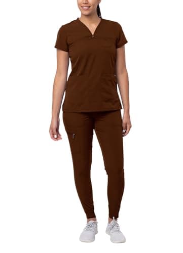 Adar Uniforms, Pro Movement Booster Scrub Set for Women - Sweetheart V-Neck Scrub Top & Yoga Jogger Scrub Pants - P9400 - Coffee - L