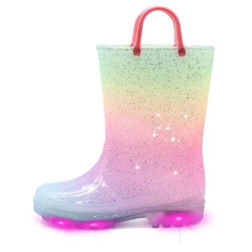 EUXTERPA Kids Toddler Light Up Rain Boots Girls Waterproof Patterns and Glitter Boots with Easy On Handles, Pink Gradient, Little Kid Size 12