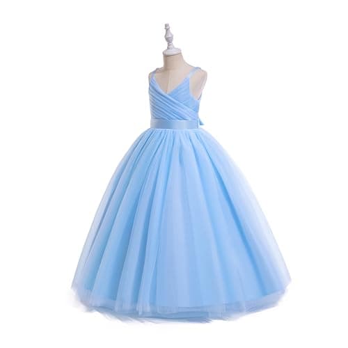 Glamulice Flower Girl Dress Sky Blue Lace Bridesmaid Long A Line Princess Wedding Pageant Dresses Tulle Spaghetti Strap 11 12 Kids Formal Communion Dance Ball Gown Elegant Ballgown Graduation New Year — view 3