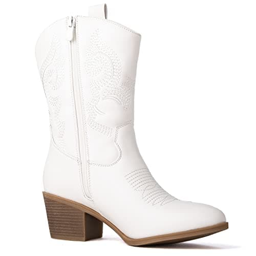 GLOBALWIN Women's Mid Calf The Western Cowgirl Boots Fashion Cowboy Boots For Women Chunky Low Heel, 19yy17 White, 10 — view 2