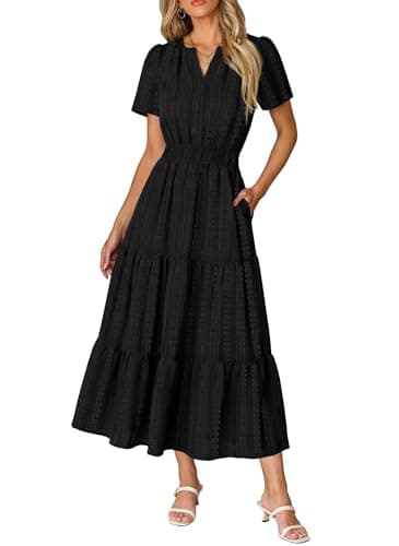 RUMIA Maxi Dress for Women Summer Linen V Neck Elastic Waist Lightweight Vacation Dress Black L