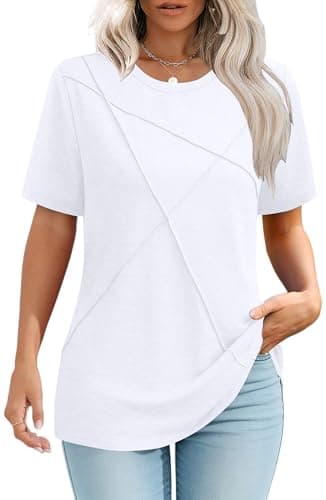 isermeo Summer Tops for Women Loose Fit Pleated Tunics Scoop Neck Short Sleeve Tee Curved Hem Flowy White XXL