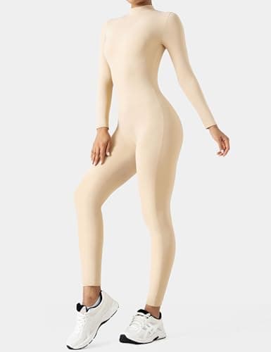 speerise Women Bodysuit Rompers Long Sleeve Jumpsuits Leotards One Piece Tummy Control Yoga Workout Outfits, Flesh, Large — view 2