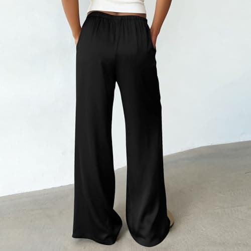 Womens Satin Wide Leg Dress Pants Silk Casual Dressy Flowy Long Pants Drawstring Elastic High Waisted Trousers S-3XL Black — view 2