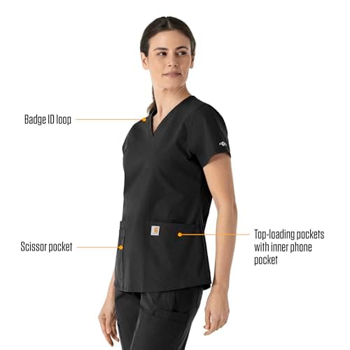 Carhartt Scrubs C12113 Women's Force® Modern Fit V-Neck Top, Black, Small