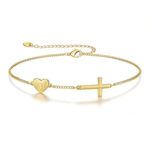 Lunvky 14k Gold Plated Initial Cross Bracelets for Women, Silver Dainty Cute Heart Name Letter Bracelet for Teen Trendy Stuff Confirmation Religious Christian Jewelry Birthday Jesus Gifts
