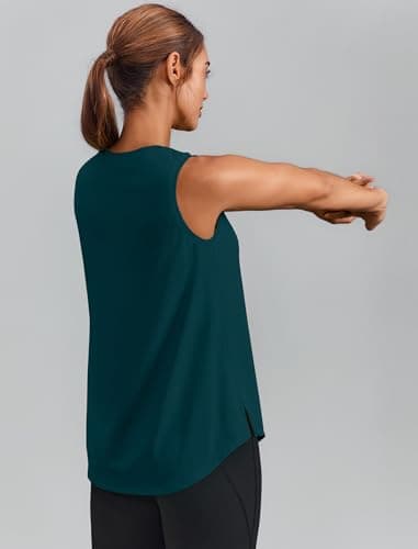 PINSPARK Workout Tops for Women Sleeveless Athletic Tank Tops UPF 50+ Running Tanks with Side Slits Loose Fit Gym Yoga Shirt, Moss Teal, Large