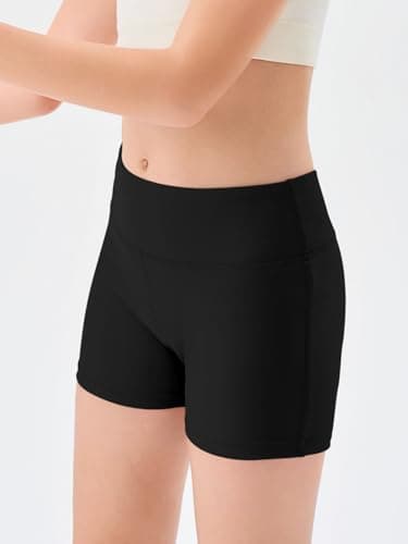 Haloumoning Girls Athletic Shorts Kids High Waisted Yoga Dance Biker Shorts Comfy Gymnastics Shorts 5-14Y, Black, 13-14 Years — view 2